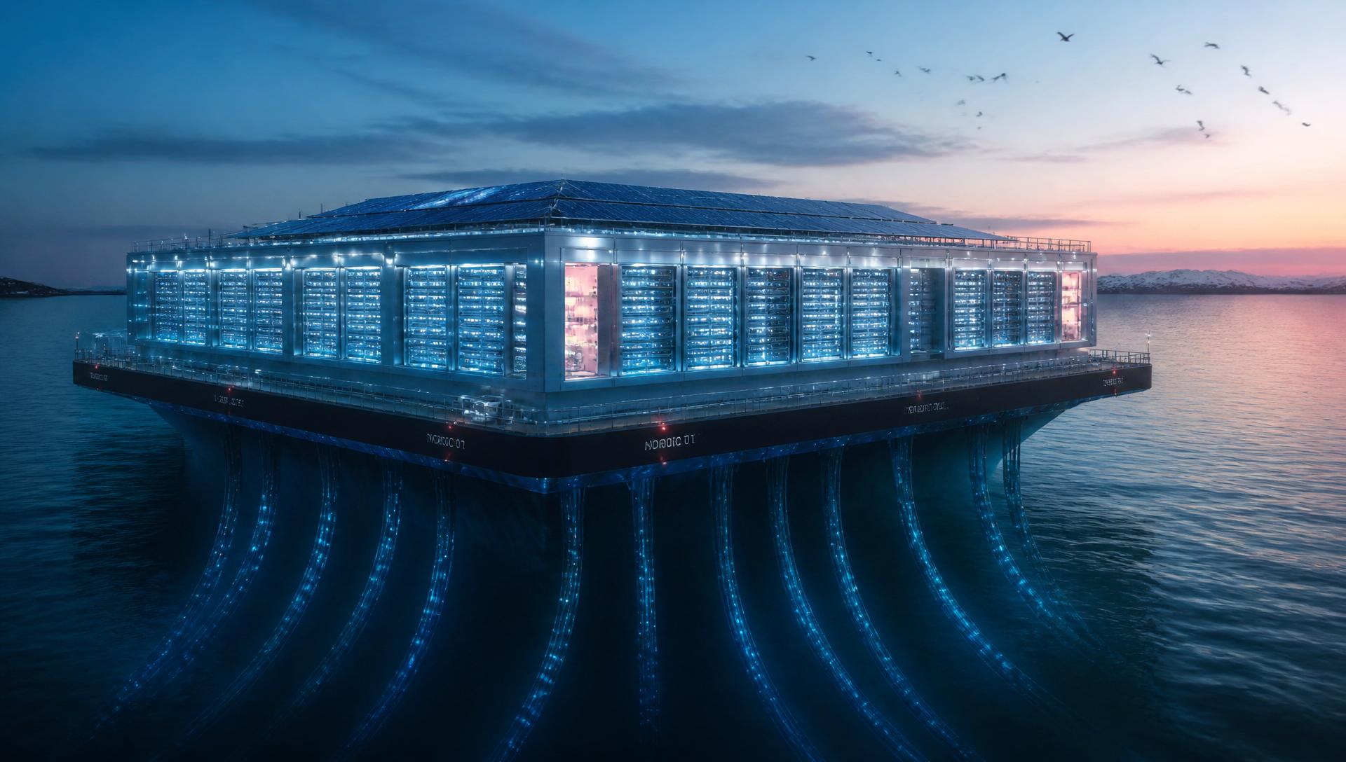 Flamingo Compute offshore data center floating at twilight with glowing server racks and fiber optic cables